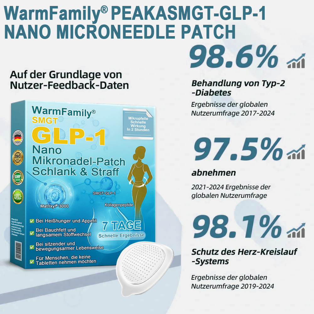 WarmFamily® SMGT-GLP-1 Nano-Mikronadelpflaster mit Kollagen & Matrixyl 3000 ✅ | Klinisch bewährt für Gewichtsverlust, Herz-Kreislauf-Gesundheit, Diabetes und weitere Gesundheitsprobleme, vom Arzt empfohlen👨👨