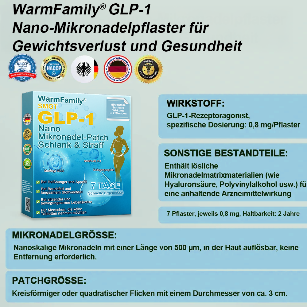 WarmFamily® SMGT-GLP-1 Nano-Mikronadelpflaster mit Kollagen & Matrixyl 3000 ✅ | Klinisch bewährt für Gewichtsverlust, Herz-Kreislauf-Gesundheit, Diabetes und weitere Gesundheitsprobleme, vom Arzt empfohlen👨👨