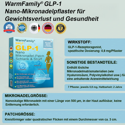 WarmFamily® SMGT-GLP-1 Nano-Mikronadelpflaster mit Kollagen & Matrixyl 3000 ✅ | Klinisch bewährt für Gewichtsverlust, Herz-Kreislauf-Gesundheit, Diabetes und weitere Gesundheitsprobleme, vom Arzt empfohlen👨👨